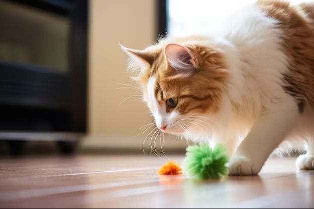 a cat sniffing a catnip toy.