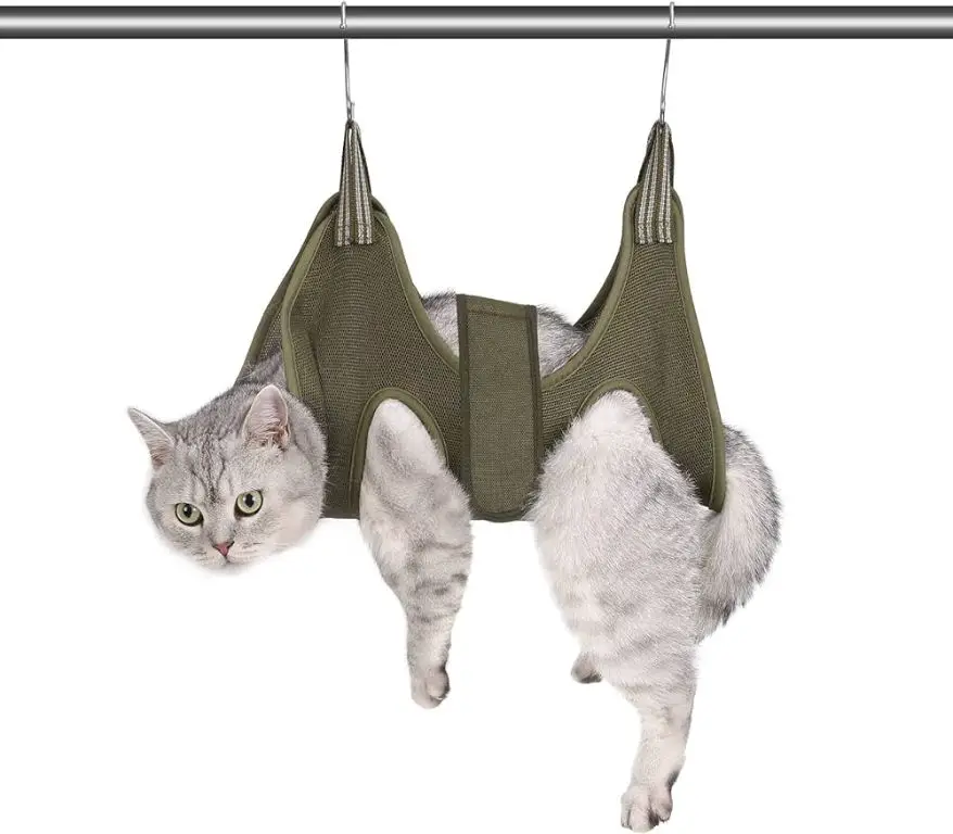 a person placing treats inside an empty cat grooming hammock