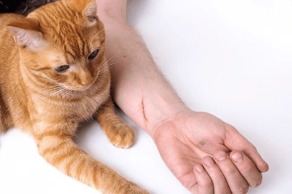 a person's hand being scratched by a cat