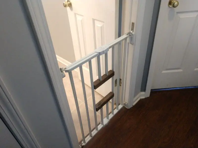 a pet gate blocking off a doorway to separate a dog and cat