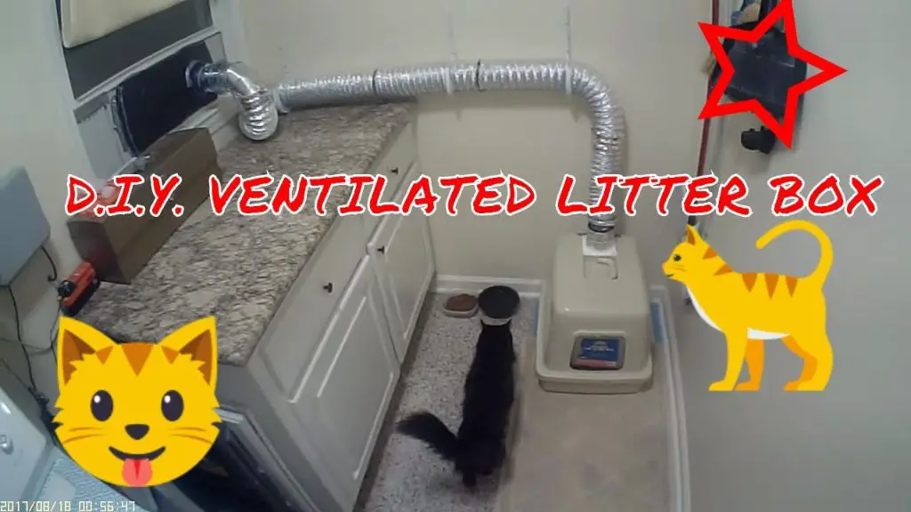 a ventilation system connecting the litter box to the outdoors to remove smells
