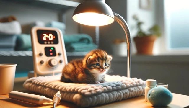a veterinarian examines abandoned kittens under a heat lamp