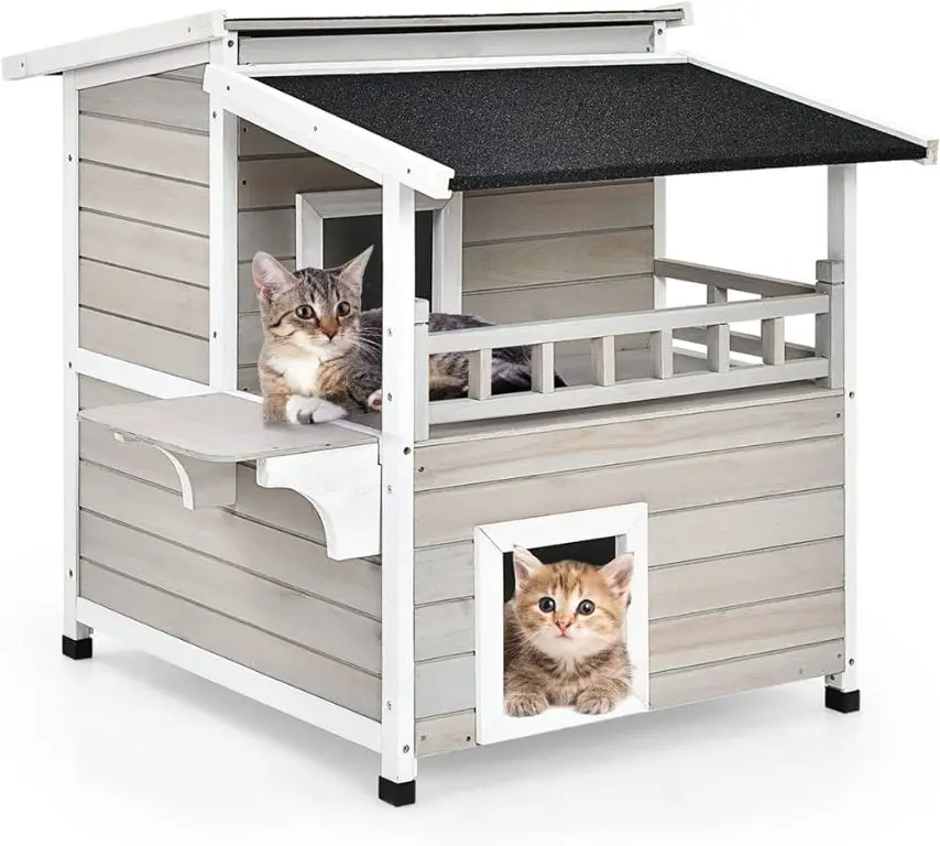 an elevated outdoor cat shelter in a sunny spot