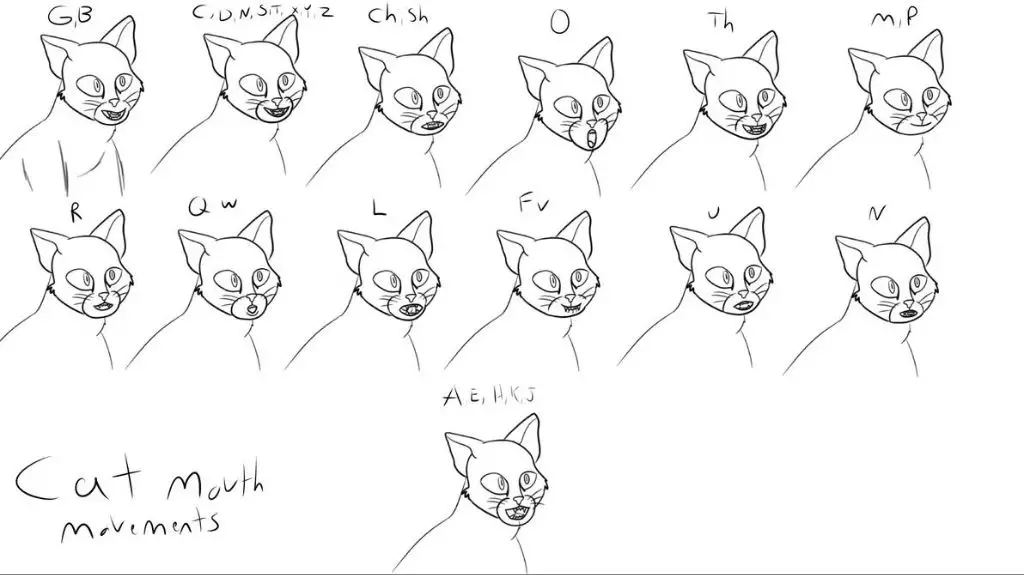 mouth diagrams showing how to pronounce 'cat'.