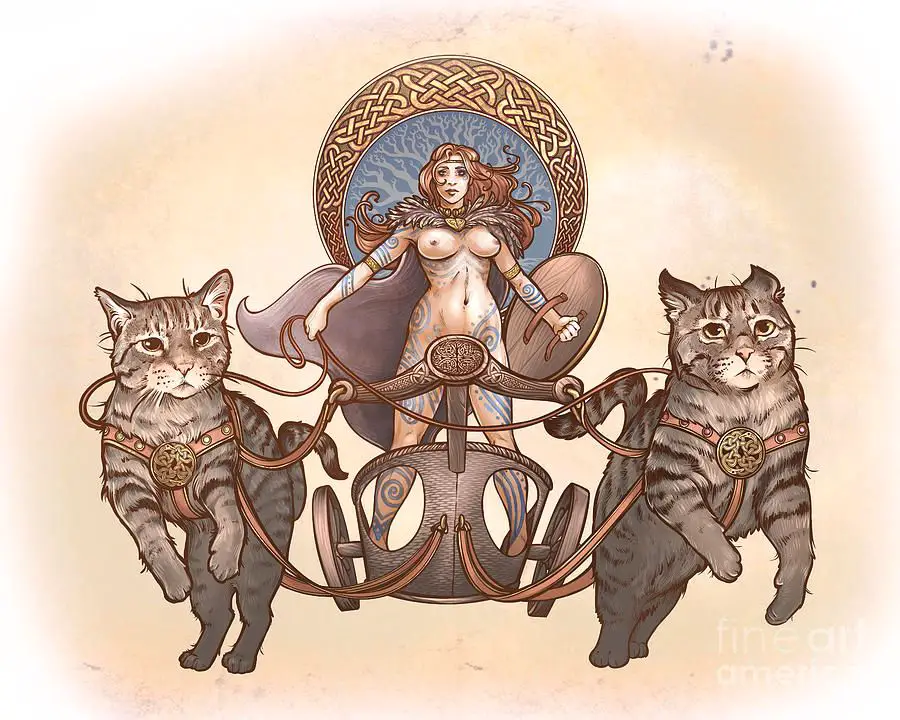norse goddess freya riding a cat-drawn chariot