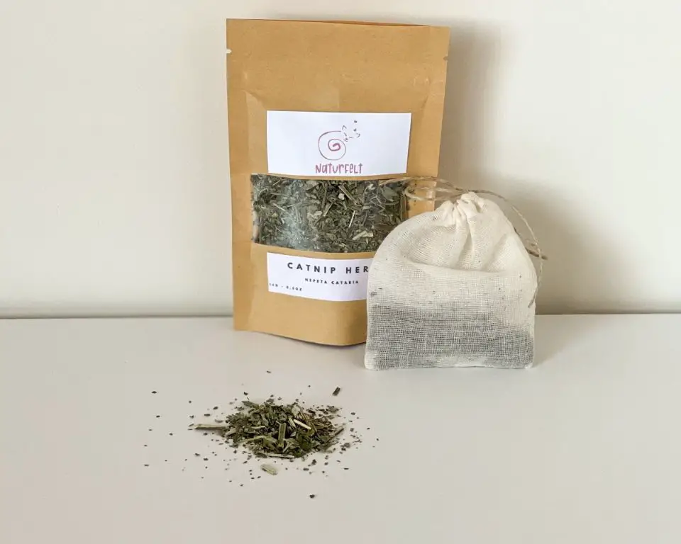 organic catnip leaves packaged in a sealed bag.